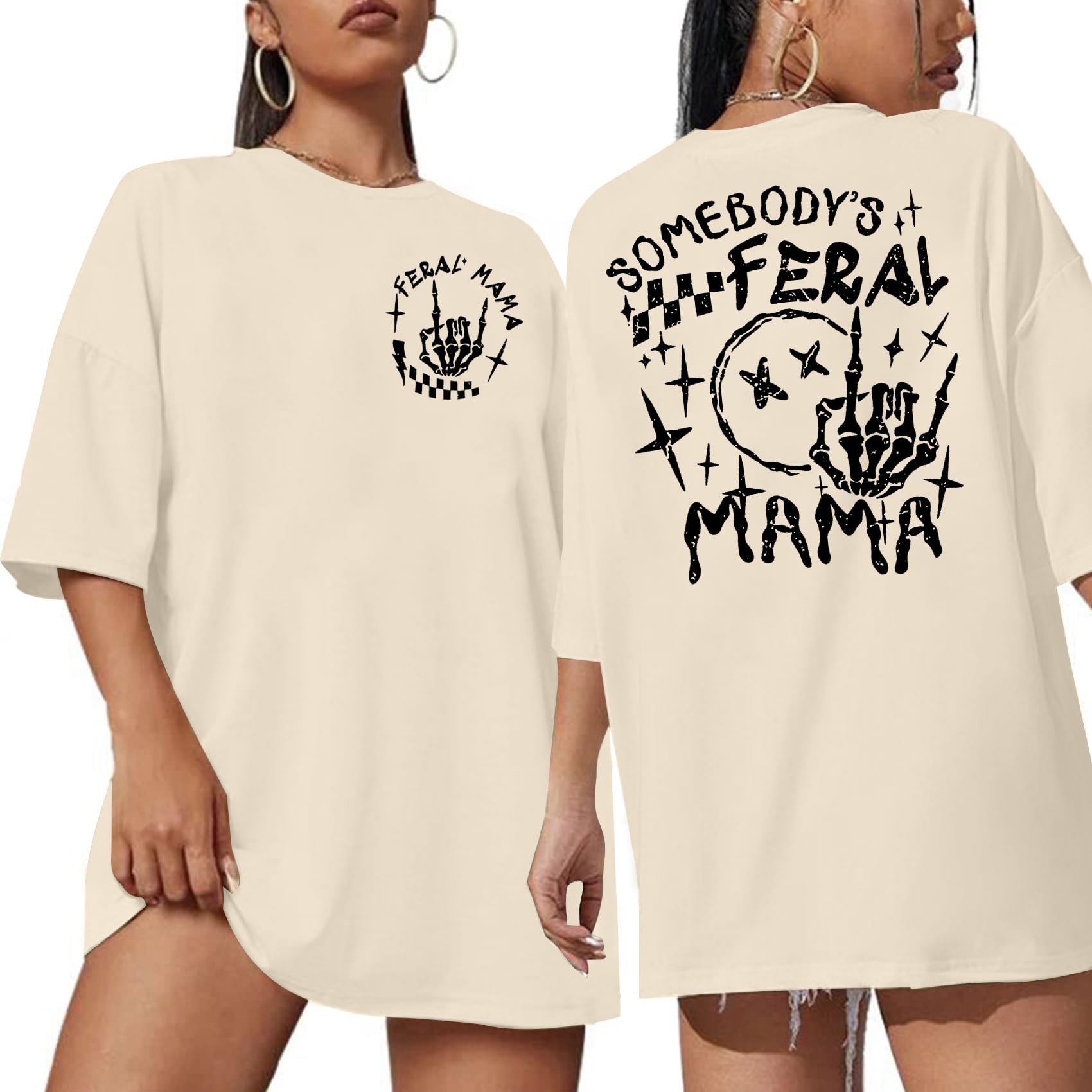 MOUSYA Women Oversized Mama Shirt Somebodys Feral Mama T-Shirt Funny Mom Shirt Women Mom Gifts Tee Apricot