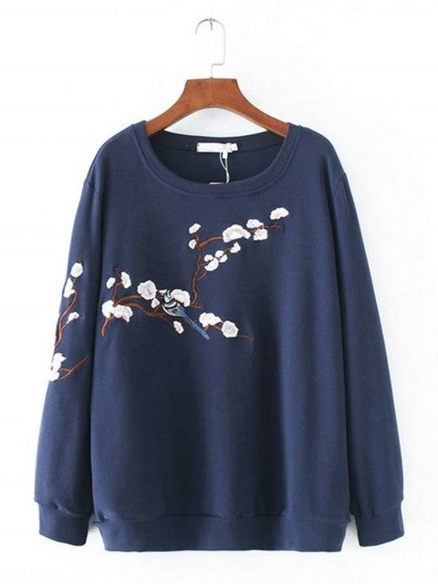 Autumn Women's Cotton Sweatshirts with Floral Embroidery
