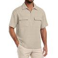 Lepunuo Mens Zipper Polo Shirts Linen Casual Shirts Short Sleeve Loose Golf Shirts Soft Pullover Khaki