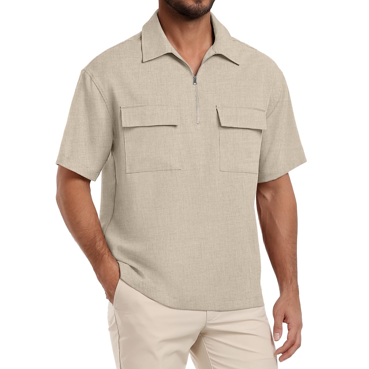 Lepunuo Mens Zipper Polo Shirts Linen Casual Shirts Short Sleeve Loose Golf Shirts Soft Pullover Khaki